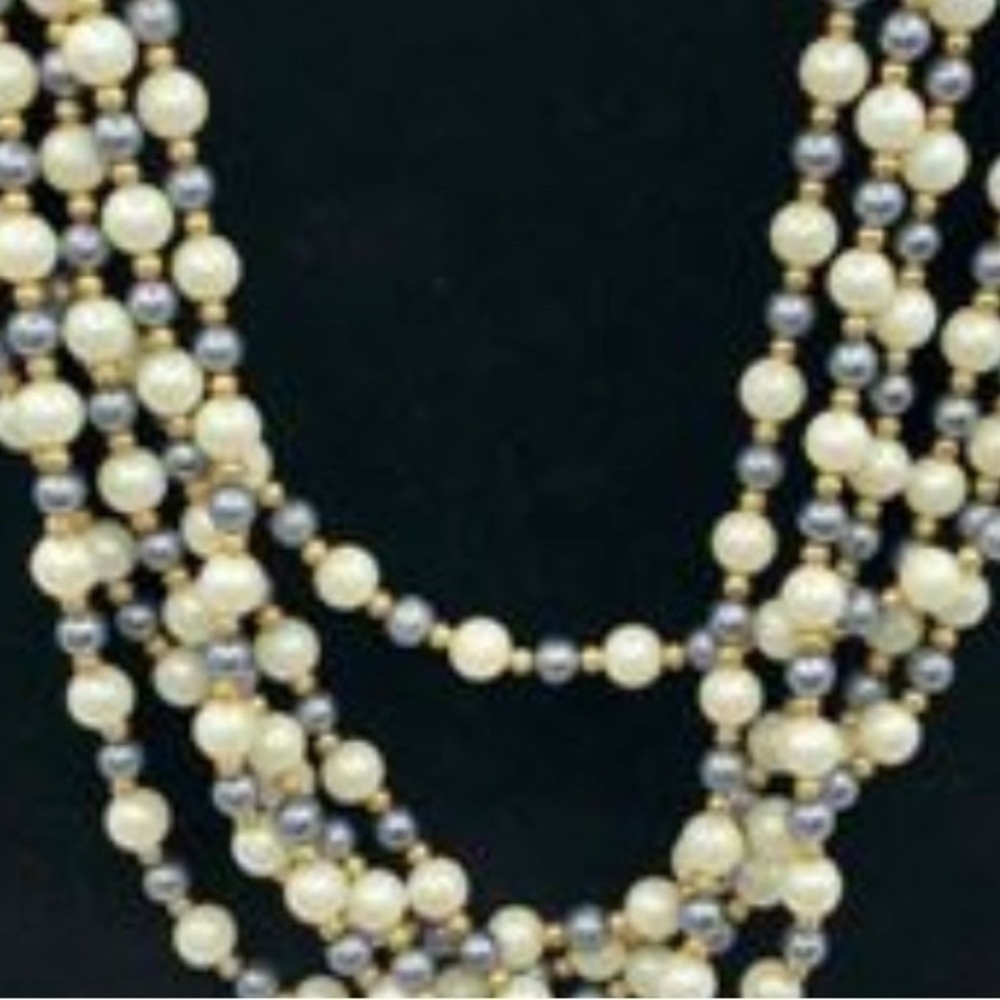 Bone Colored, Gold and Grayish/Lilac Beaded Necklace, 16” long. EUC.